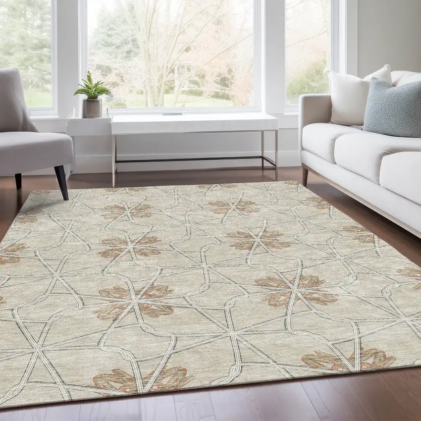 Beige Taupe And Gray Geometric Washable Area Rug With UV Protection Photo 4