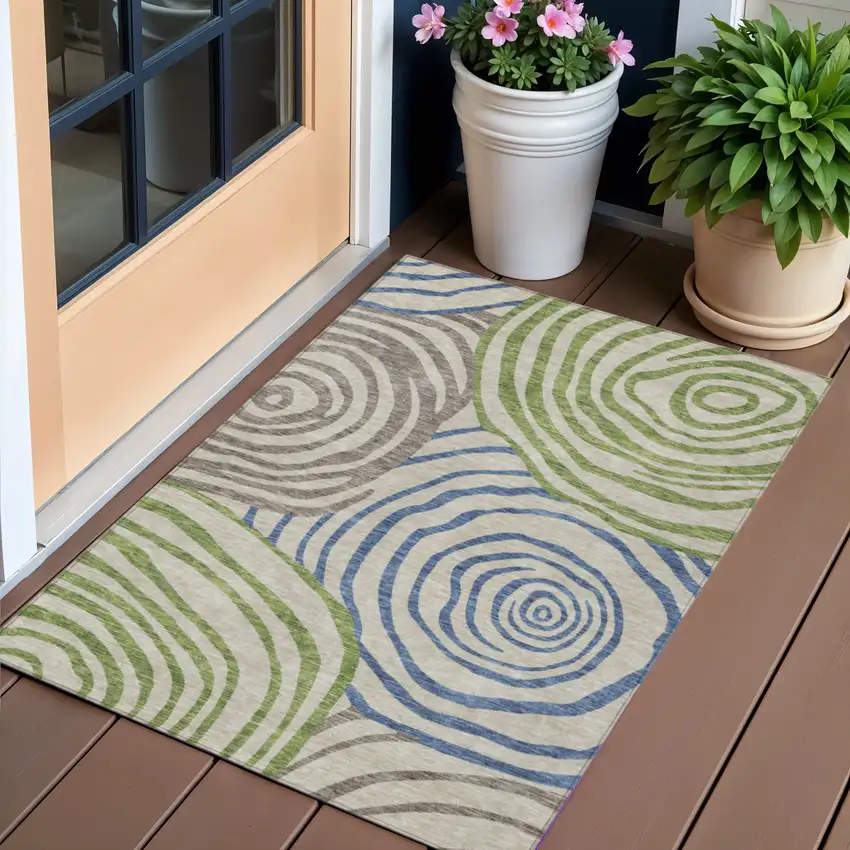 Beige Taupe And Green Abstract Washable Indoor Outdoor Area Rug Photo 1