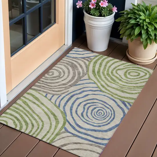 Beige Taupe And Green Abstract Washable Indoor Outdoor Area Rug Photo 1