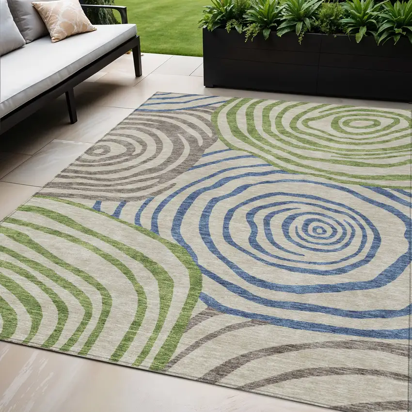 Beige Taupe And Green Abstract Washable Indoor Outdoor Area Rug Photo 1