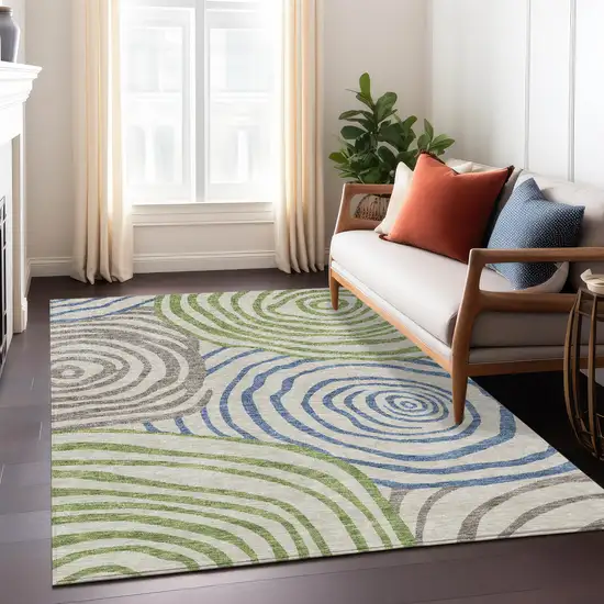 Beige Taupe And Green Abstract Washable Indoor Outdoor Area Rug Photo 9