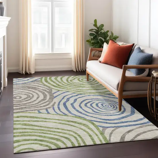 Beige Taupe And Green Abstract Washable Indoor Outdoor Area Rug Photo 9