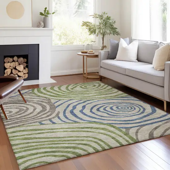 Beige Taupe And Green Abstract Washable Indoor Outdoor Area Rug Photo 8