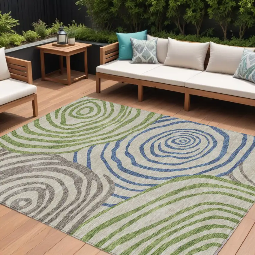 Beige Taupe And Green Abstract Washable Indoor Outdoor Area Rug Photo 1