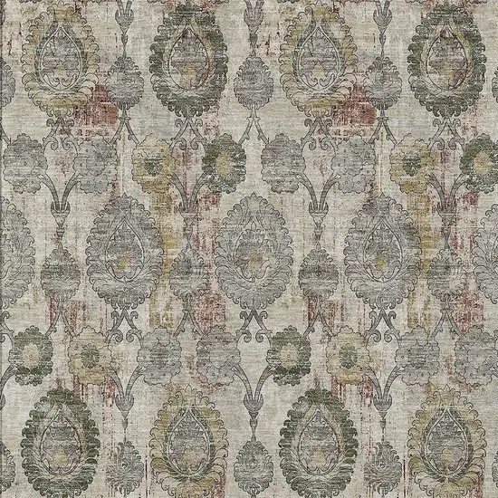 Beige Taupe And Green Damask Washable Indoor Outdoor Area Rug Photo 7