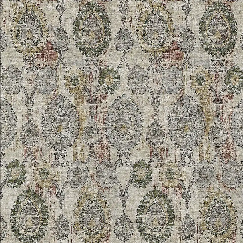 Beige Taupe And Green Damask Washable Indoor Outdoor Area Rug Photo 7