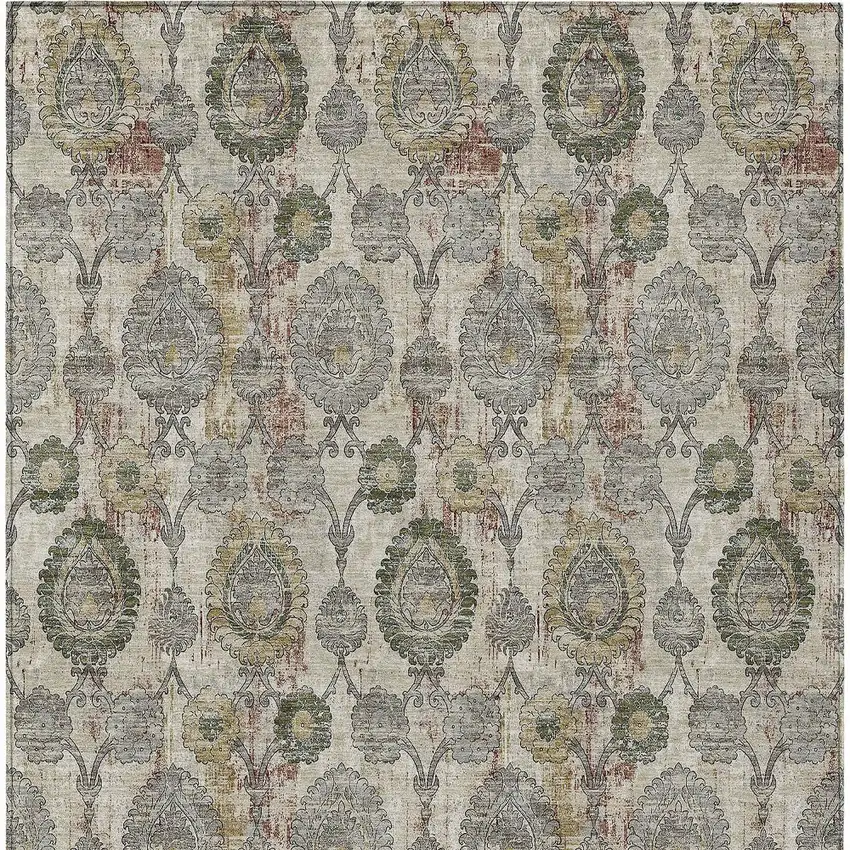 Beige Taupe And Green Damask Washable Indoor Outdoor Area Rug Photo 8