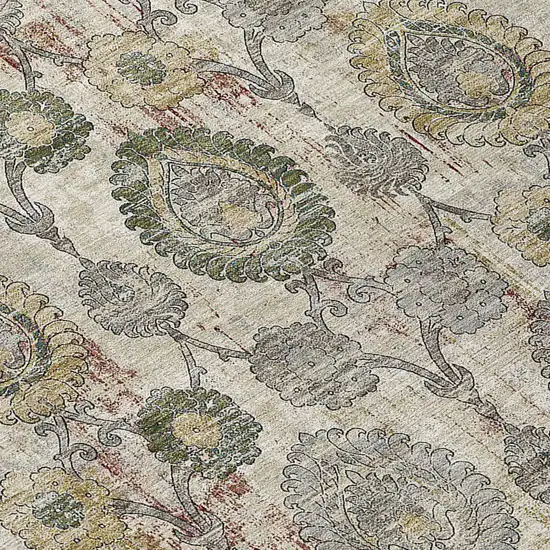 Beige Taupe And Green Damask Washable Indoor Outdoor Area Rug Photo 6