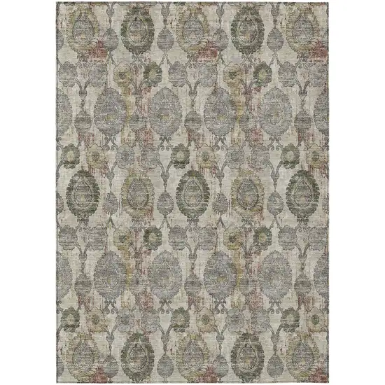 Beige Taupe And Green Damask Washable Indoor Outdoor Area Rug Photo 2