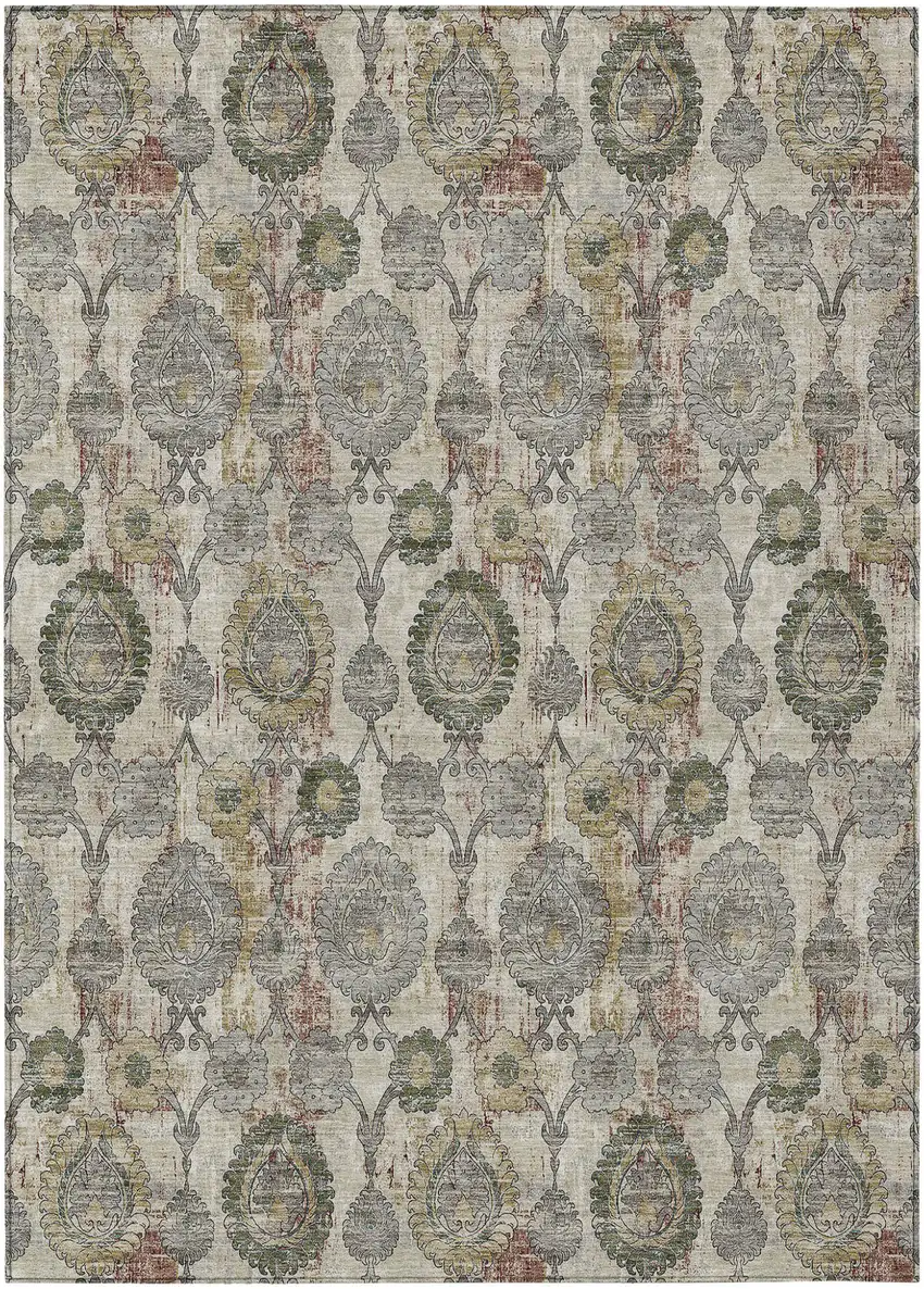 Beige Taupe And Green Damask Washable Indoor Outdoor Area Rug Photo 2