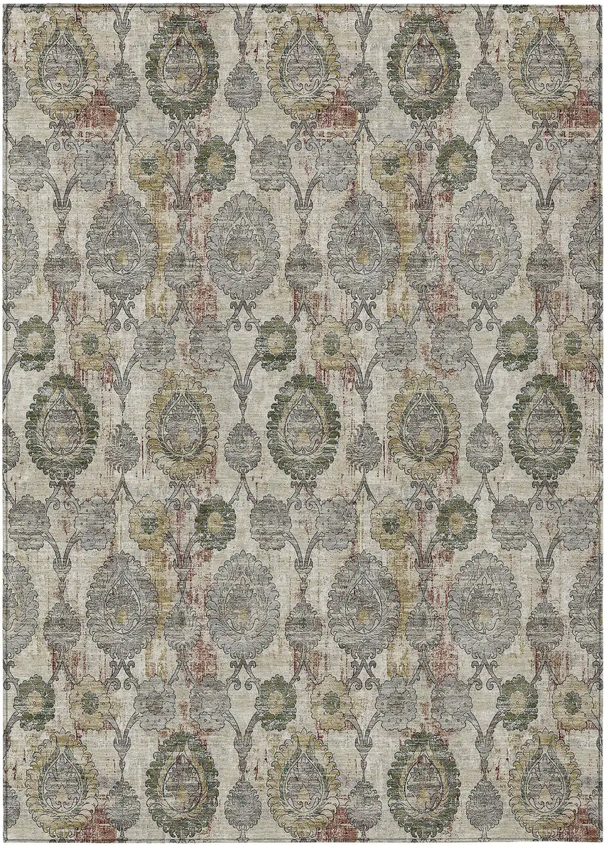 Beige Taupe And Green Damask Washable Indoor Outdoor Area Rug Photo 2