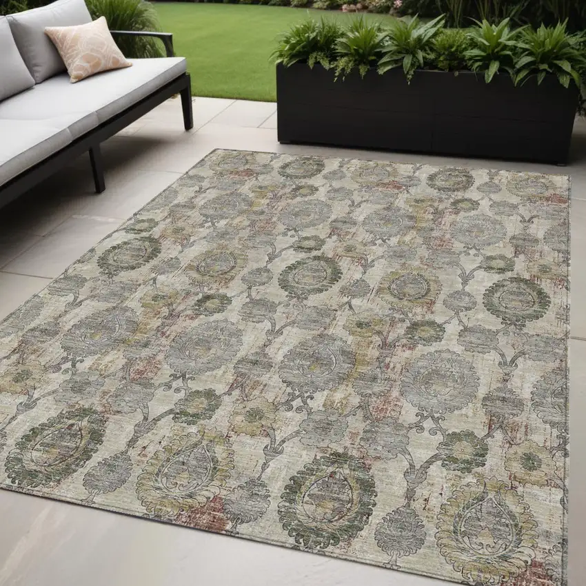 Beige Taupe And Green Damask Washable Indoor Outdoor Area Rug Photo 1
