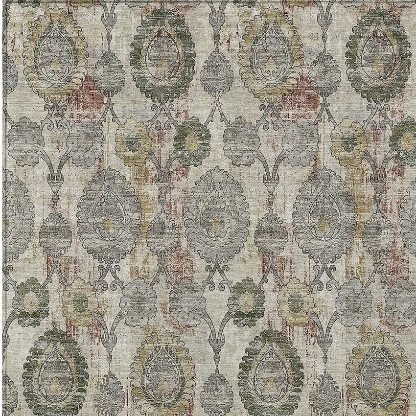 Beige Taupe And Green Damask Washable Indoor Outdoor Area Rug Photo 7