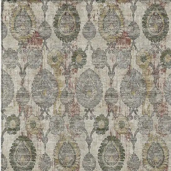 Beige Taupe And Green Damask Washable Indoor Outdoor Area Rug Photo 7