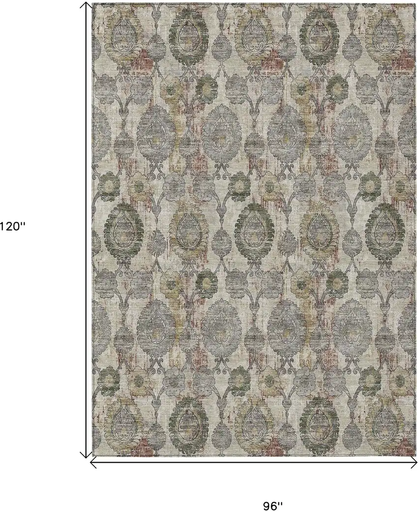 Beige Taupe And Green Damask Washable Indoor Outdoor Area Rug Photo 3
