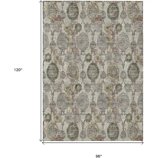 Beige Taupe And Green Damask Washable Indoor Outdoor Area Rug Photo 3