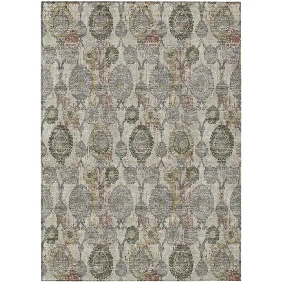 Beige Taupe And Green Damask Washable Indoor Outdoor Area Rug Photo 2