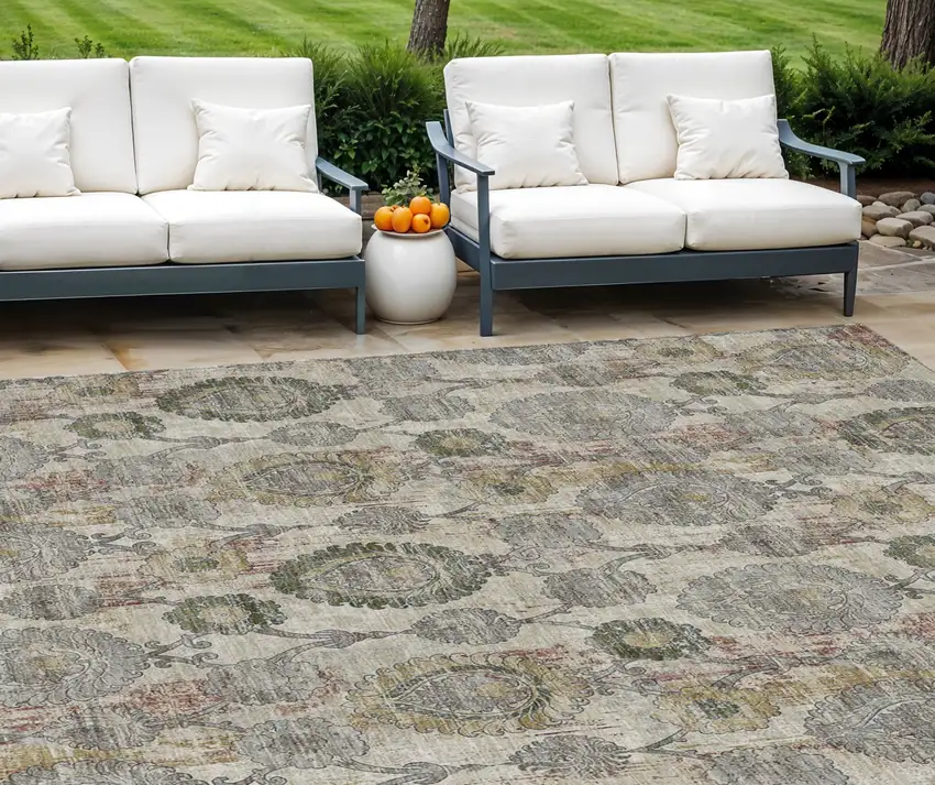 Beige Taupe And Green Damask Washable Indoor Outdoor Area Rug Photo 1