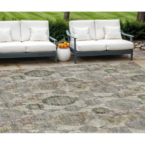 Beige Taupe And Green Damask Washable Indoor Outdoor Area Rug Photo 1