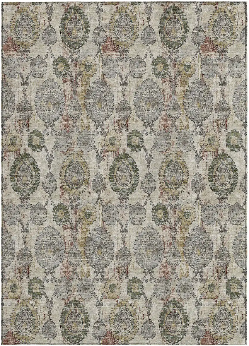 Beige Taupe And Green Damask Washable Indoor Outdoor Area Rug Photo 8