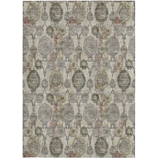Beige Taupe And Green Damask Washable Indoor Outdoor Area Rug Photo 8