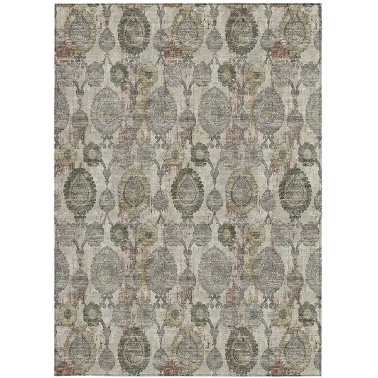 Beige Taupe And Green Damask Washable Indoor Outdoor Area Rug Photo 8