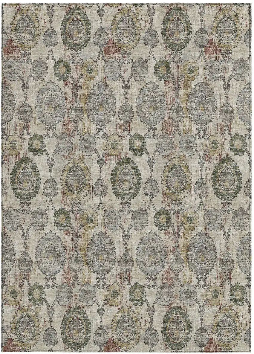 Beige Taupe And Green Damask Washable Indoor Outdoor Area Rug Photo 8
