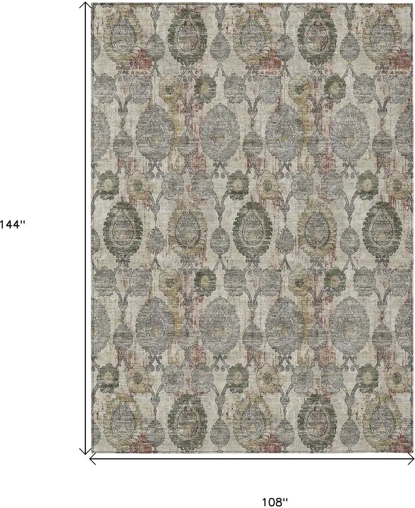 Beige Taupe And Green Damask Washable Indoor Outdoor Area Rug Photo 3