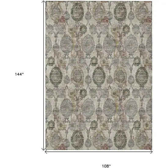 Beige Taupe And Green Damask Washable Indoor Outdoor Area Rug Photo 3