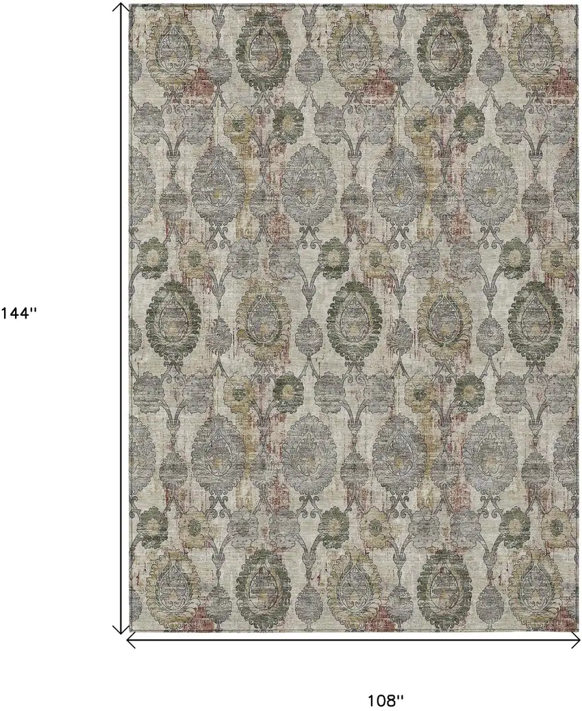 Beige Taupe And Green Damask Washable Indoor Outdoor Area Rug Photo 3