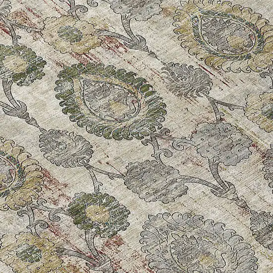 Beige Taupe And Green Damask Washable Indoor Outdoor Area Rug Photo 6