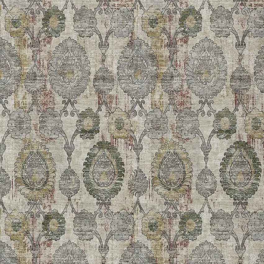 Beige Taupe And Green Damask Washable Indoor Outdoor Area Rug Photo 7