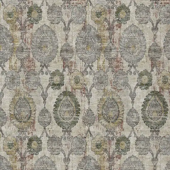 Beige Taupe And Green Damask Washable Indoor Outdoor Area Rug Photo 7