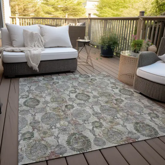 Beige Taupe And Green Damask Washable Indoor Outdoor Area Rug Photo 9