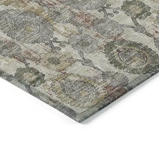 Beige Taupe And Green Damask Washable Indoor Outdoor Area Rug Photo 5