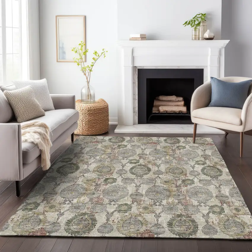 Beige Taupe And Green Damask Washable Indoor Outdoor Area Rug Photo 9