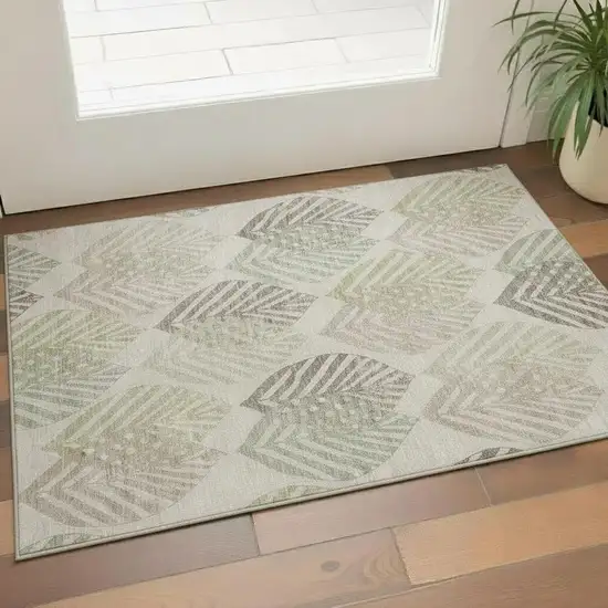 Beige Taupe And Green Floral Washable Area Rug With UV Protection Photo 1