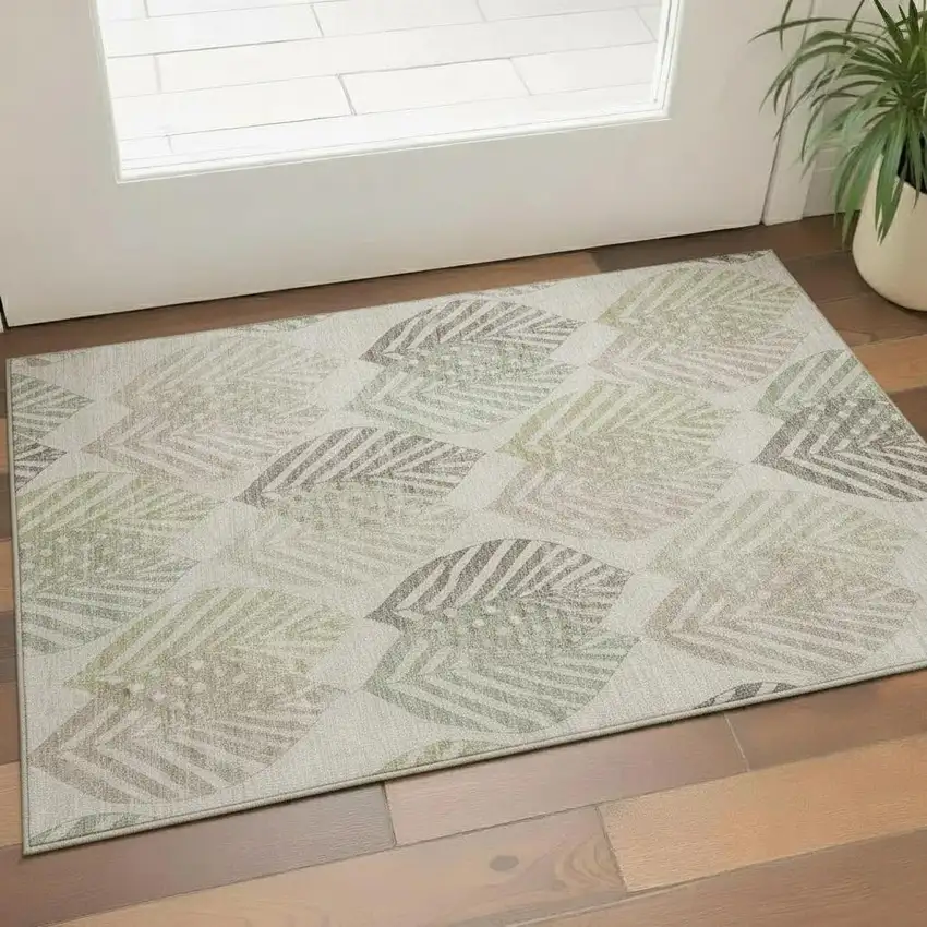 Beige Taupe And Green Floral Washable Area Rug With UV Protection Photo 1