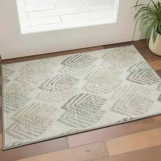 Beige Taupe And Green Floral Washable Area Rug With UV Protection Photo 2