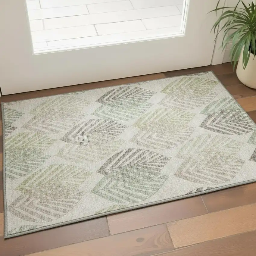 Beige Taupe And Green Floral Washable Area Rug With UV Protection Photo 2