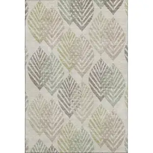 Photo of Beige Taupe And Green Floral Washable Area Rug With UV Protection