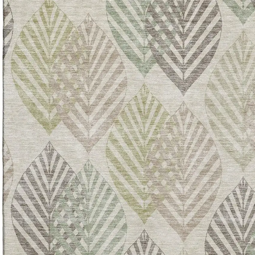 Beige Taupe And Green Floral Washable Area Rug With UV Protection Photo 3
