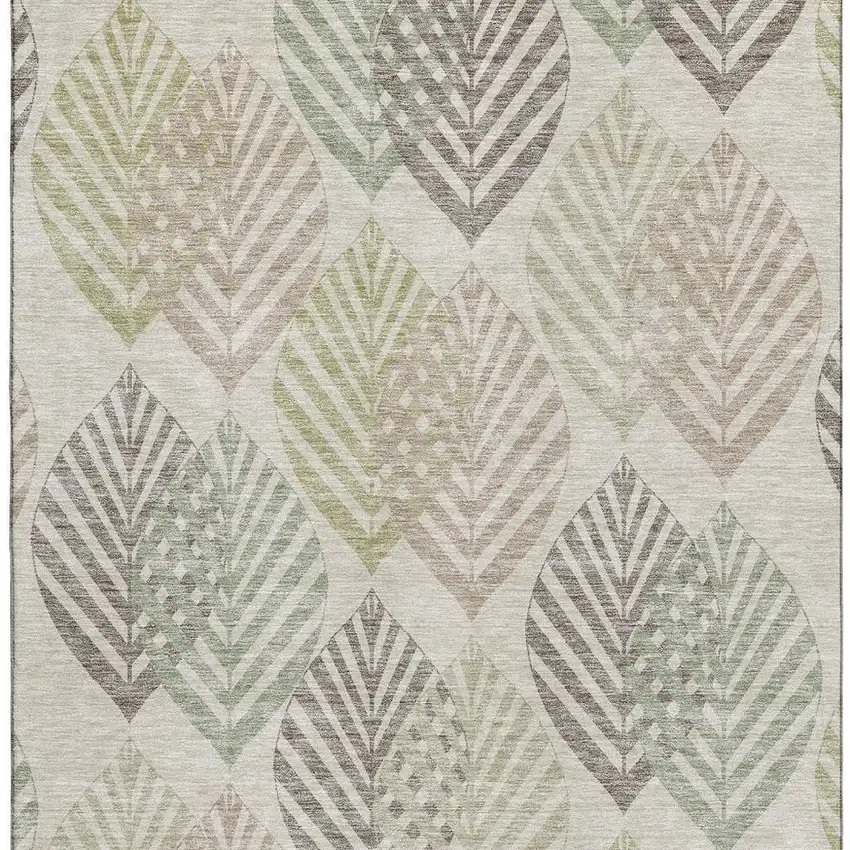 Beige Taupe And Green Floral Washable Area Rug With UV Protection Photo 4