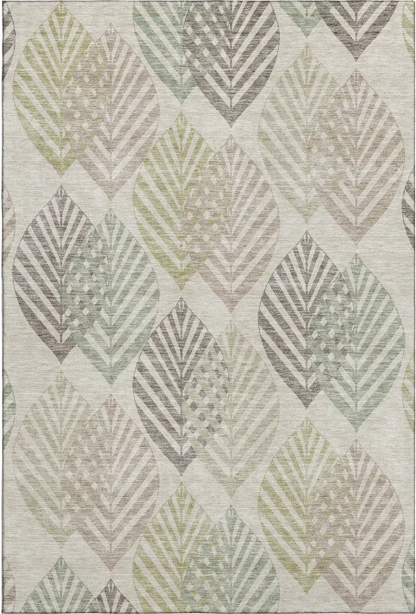 Beige Taupe And Green Floral Washable Area Rug With UV Protection Photo 1