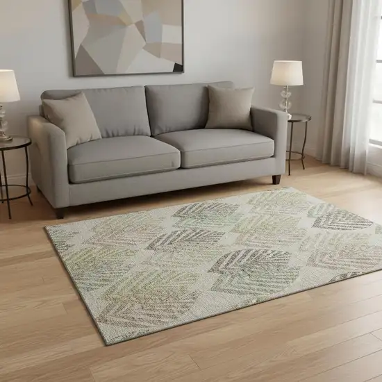 Beige Taupe And Green Floral Washable Area Rug With UV Protection Photo 2