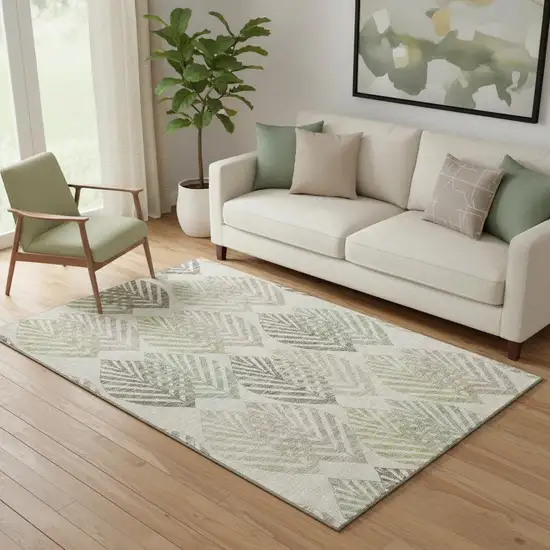 Beige Taupe And Green Floral Washable Area Rug With UV Protection Photo 1