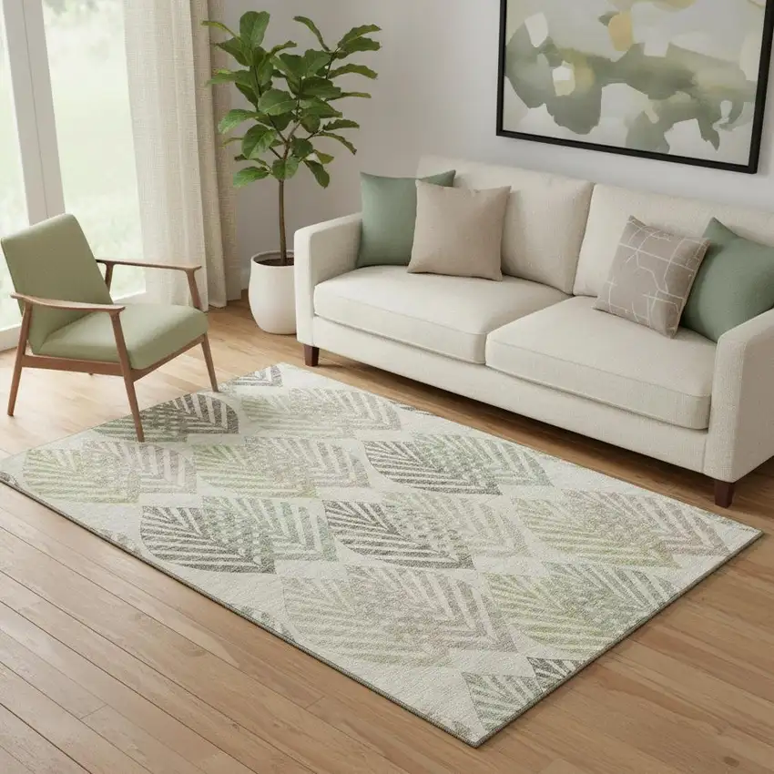 Beige Taupe And Green Floral Washable Area Rug With UV Protection Photo 1