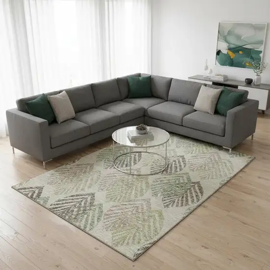 Beige Taupe And Green Floral Washable Area Rug With UV Protection Photo 2