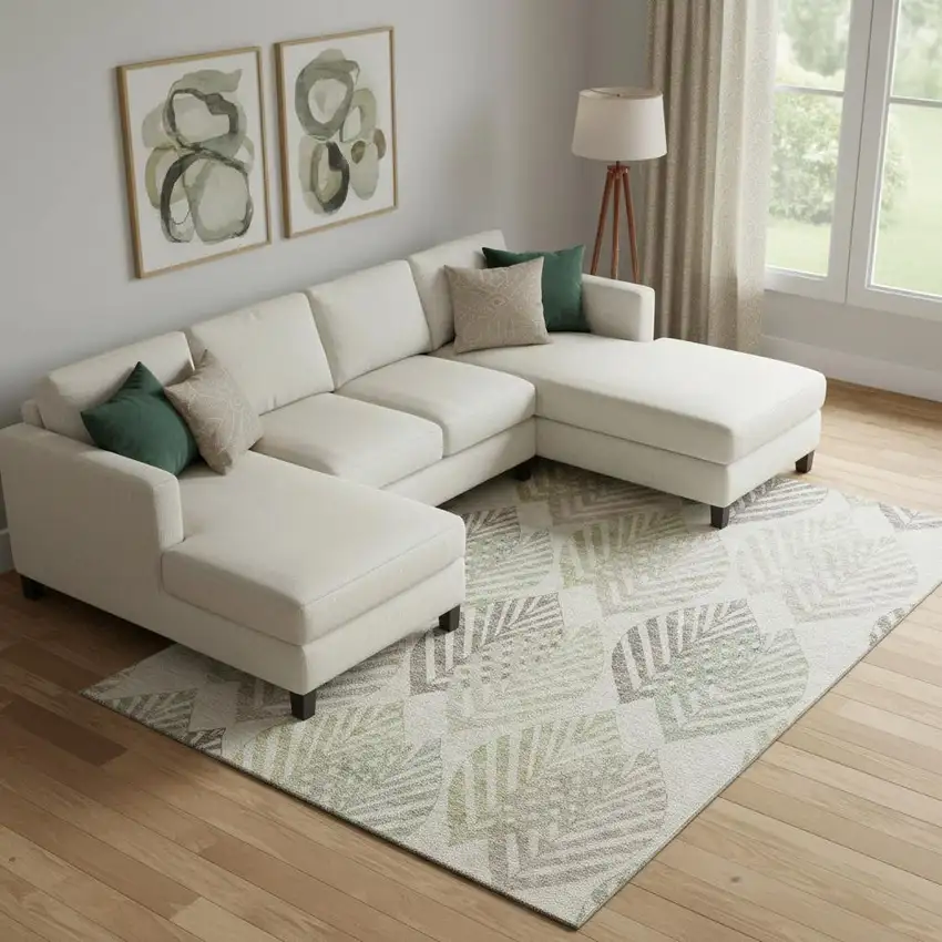 Beige Taupe And Green Floral Washable Area Rug With UV Protection Photo 1