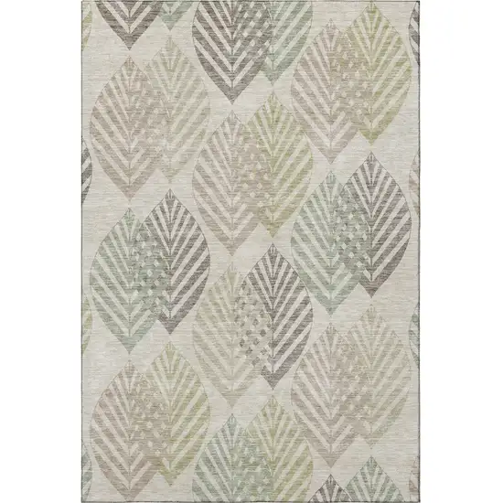 Beige Taupe And Green Floral Washable Area Rug With UV Protection Photo 3
